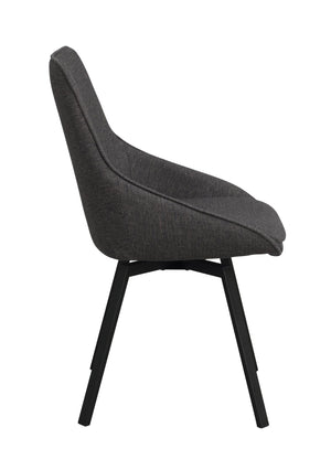 Grå stoppad matstol med svarta träben, sidovy som visar stolens ergonomiska design och kurvade ryggstöd