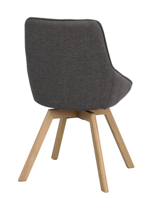 Grå matstol med träben i ek, bakifrån, modern skandinavisk design med stoppad rygg