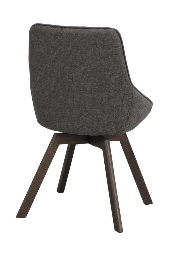 Grå stol med träben i mörk ek, svängbar sits och modern design, vy bakifrån