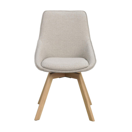 Modern matstol med beige klädsel och träben i ljus ek, skandinavisk design
