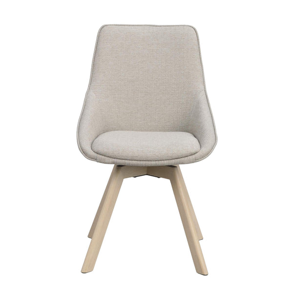 Beige stoppad matstol med träben i ljust trä, modern skandinavisk design