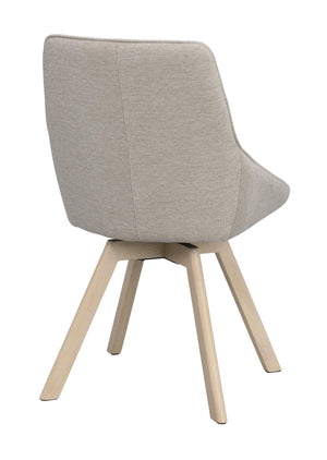 Grå stol med träben i ljust trä, sedd från baksidan, modern skandinavisk design med svängbar funktion