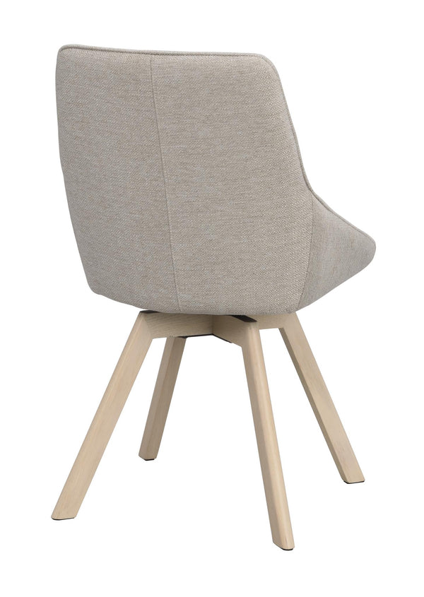 Grå stol med träben i ljust trä, sedd från baksidan, modern skandinavisk design med svängbar funktion