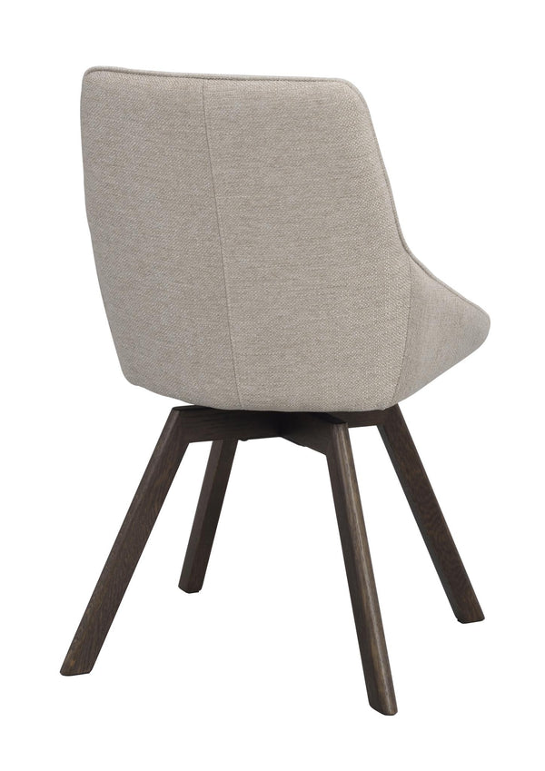 Beige stol med träben i mörkt trä, sedd bakifrån med svängbar funktion