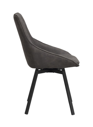 Grå matstol med hög rygg och svarta ben i trä, sidovy som visar stoppad sits och ergonomisk design