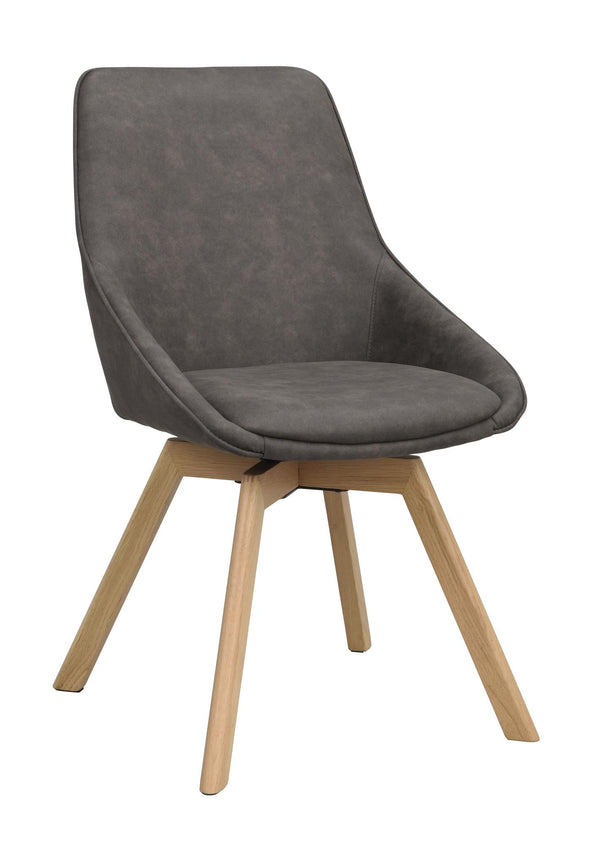 Grå matstol med träben i ek och stoppad sits med hög rygg