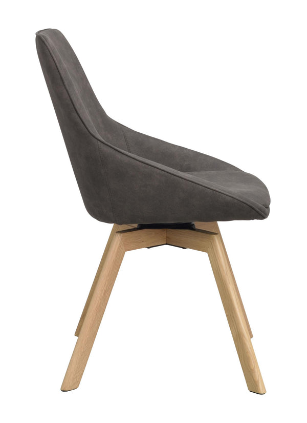 Grå matstol med träben i ek, visar sidoprofil med svängd rygg och svängbar funktion