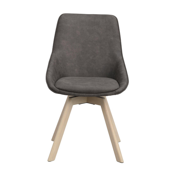 Grå matstol med träben i ljust trä, modern design med svängd rygg och stoppad sits