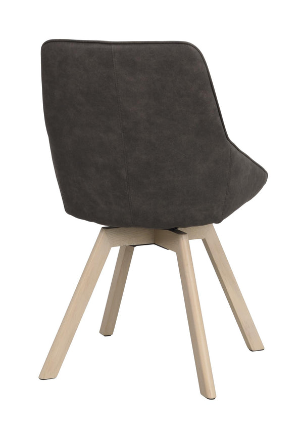 Grå matstol med ljusa träben, bakifrån synlig sits i mörkgrått tyg och fyra moderna träben