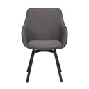 Grå matstol med armstöd och svarta träben, frontvy mot vit bakgrund