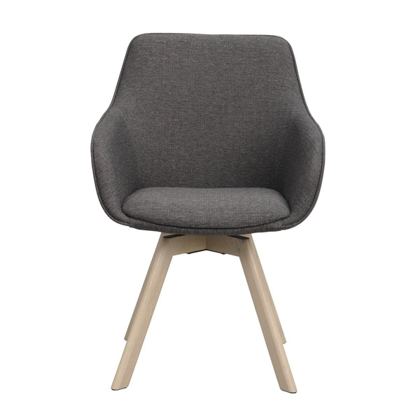 Grå matstol med armstöd och ljusa träben, modern skandinavisk design med svängbar sits