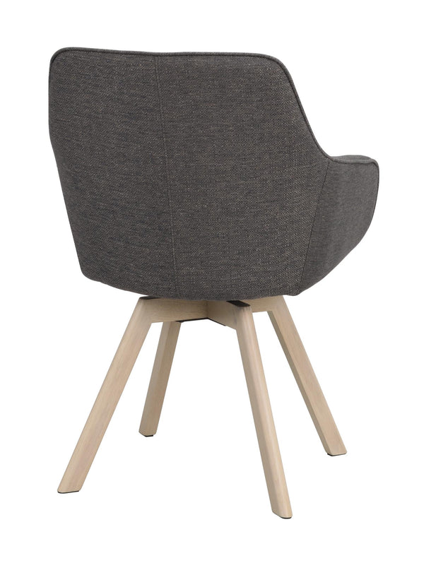 Grå matstol med armstöd och ljusa träben, visad från baksidan