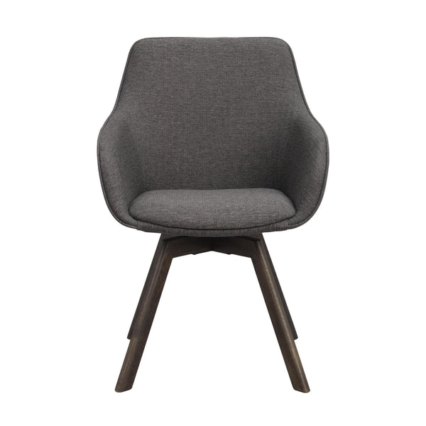 Grå matstol med armstöd och mörkbruna träben i modern skandinavisk design