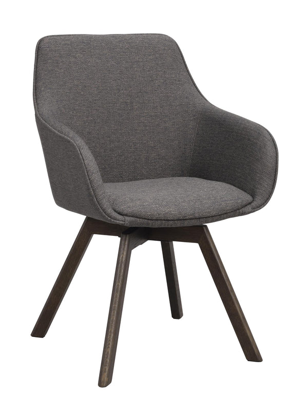 Grå modern matstol med armstöd och mörkbruna träben, snurrbar design med stoppad sits och rygg