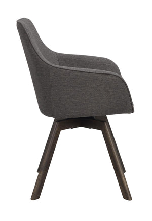 Grå matstol med armstöd och mörka träben, sidovy som visar stolens svängda ryggstöd och moderna design