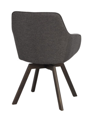 Grå matstol med armstöd och mörkbruna träben, bakifrån sedd med svängbar funktion