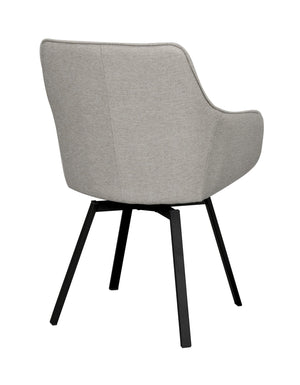 Grå stoppad stol med svarta träben, sedd bakifrån, modern design med armstöd