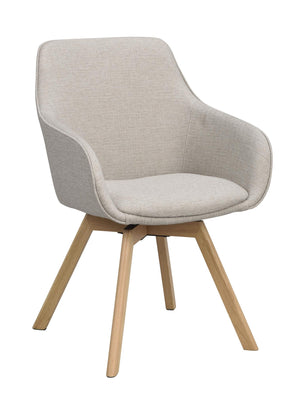 Beige fåtölj med armstöd och träben i ljust trä, modern skandinavisk design