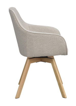 Grå stoppad stol med träben i ek, sidovy som visar svängbar funktion och ergonomisk design