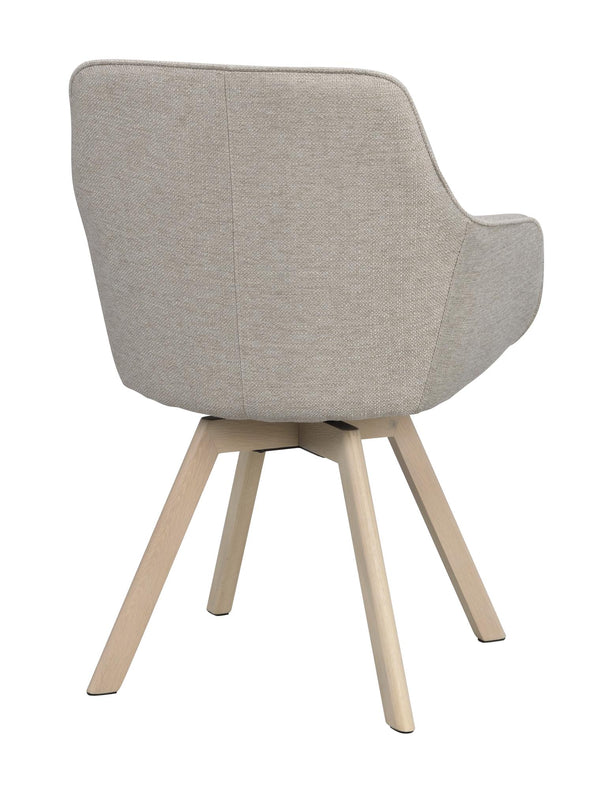 Grå stoppad stol med träben i ljust trä, sedd bakifrån med svängd rygg och armstöd