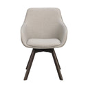 Grå stol med armstöd och mörka träben, modern design med stoppad sits och rygg i ljust tyg