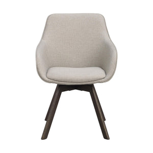 Grå stol med armstöd och mörka träben, modern design med stoppad sits och rygg i ljust tyg