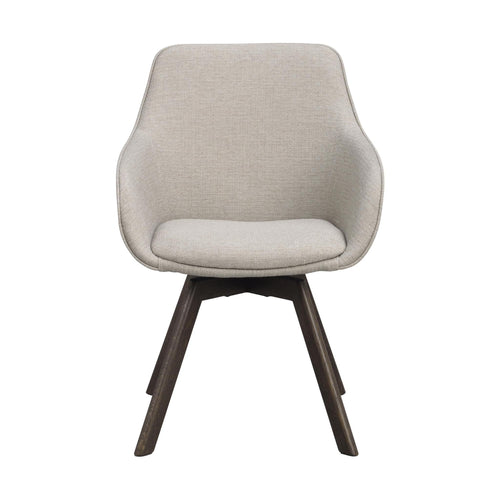 Grå stol med armstöd och mörka träben, modern design med stoppad sits och rygg i ljust tyg