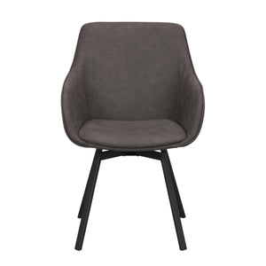 Grå stoppad stol med svarta träben, modern design med armstöd och svängd rygg