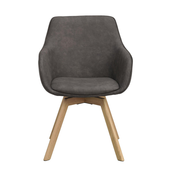 Grå matstol med armstöd och träben i ek, modern skandinavisk design med stoppad sits