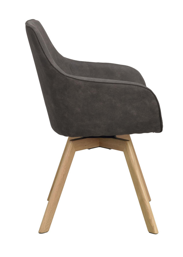 Grå matstol med träben i ek, sidovy som visar svängbar funktion och stoppad rygg