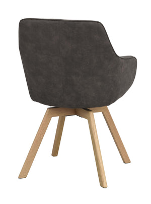 Grå matstol med träben i ek, modern design med svängda armstöd, bakifrån