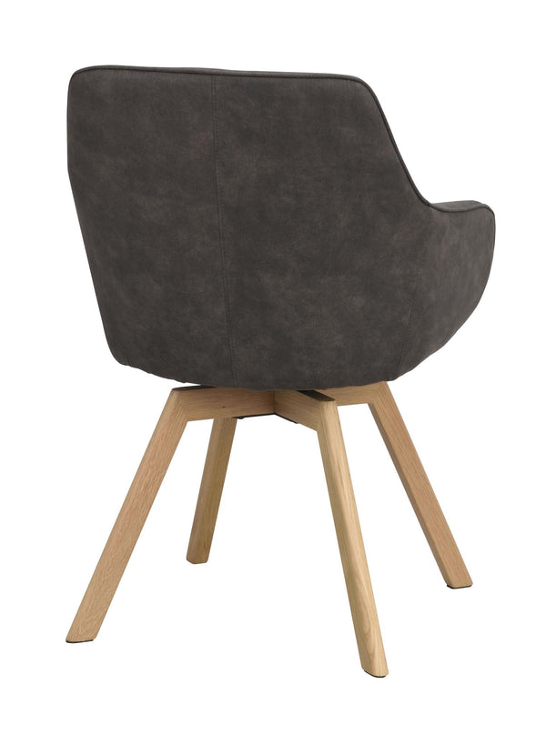 Grå matstol med träben i ek, modern design med svängda armstöd, bakifrån