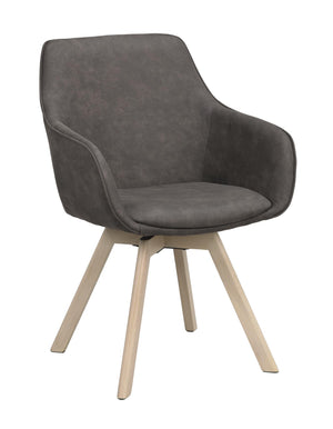 Grå matstol med armstöd och ljusa träben i modern skandinavisk design