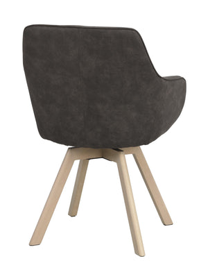 Grå stol med armstöd och ljusa träben i modern design, sedd från sidan