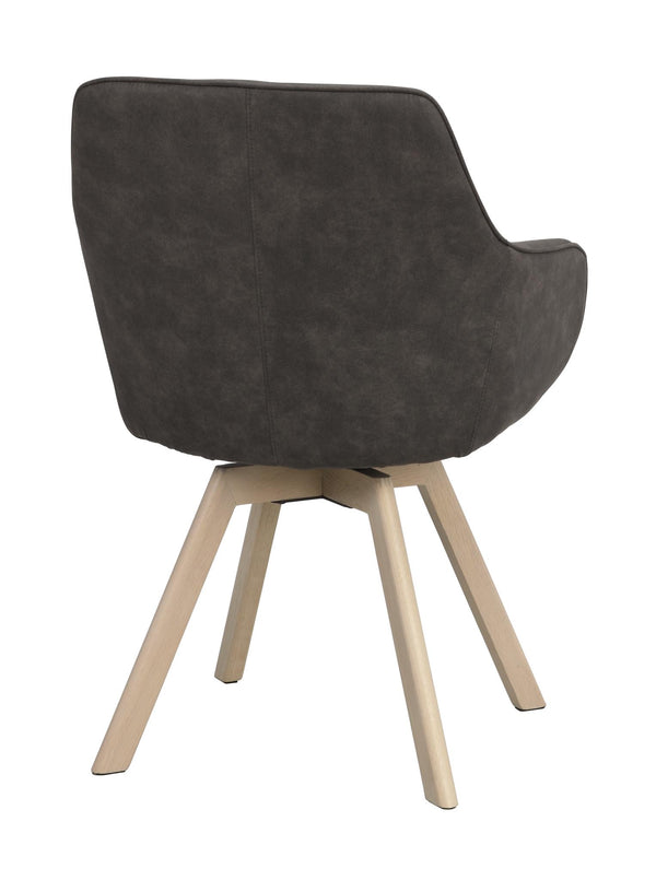 Grå stol med armstöd och ljusa träben i modern design, sedd från sidan