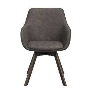 Grå fåtölj med armstöd och träben i mörkbrun finish, frontal vy mot vit bakgrund