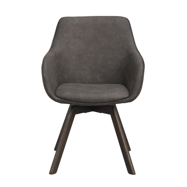 Grå fåtölj med armstöd och träben i mörkbrun finish, frontal vy mot vit bakgrund