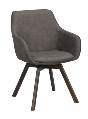 Grå matstol med armstöd och träben i modern skandinavisk design med svängbar funktion