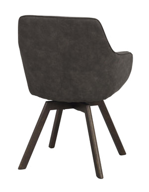 Grå fåtölj med armstöd och fyra träben i mörkt trä, bakifrån