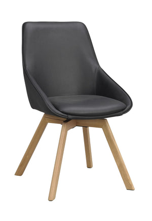 Grå matstol med träben i ek och svart konstläderklädsel, modern skandinavisk design