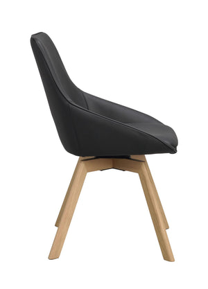 Svart stol med träben i ek, sidovy som visar ergonomisk rygg och svängbar funktion