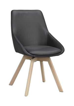 Grå matstol med träben i ljust trä, modern design med svängd rygg och sits i konstläder