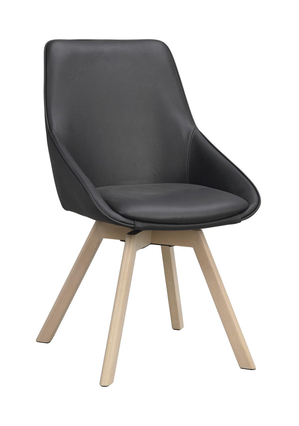 Grå matstol med träben i ljust trä, modern design med svängd rygg och sits i konstläder