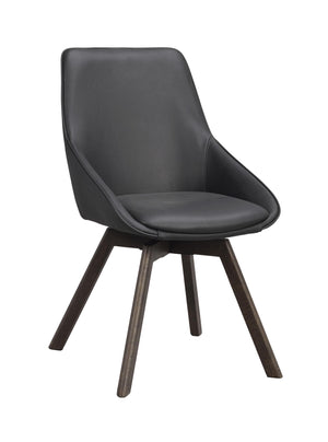 Grå matstol i konstläder med mörkbruna träben och svängbar funktion