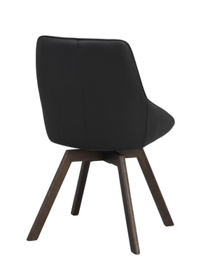 Svart matstol med stoppad sits och rygg i konstläder på mörkbruna träben, sedd bakifrån