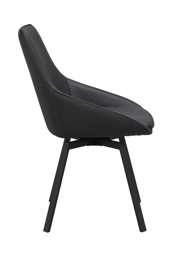 Svart matstol i konstläder med hög rygg och svarta träben, sedd från sidan