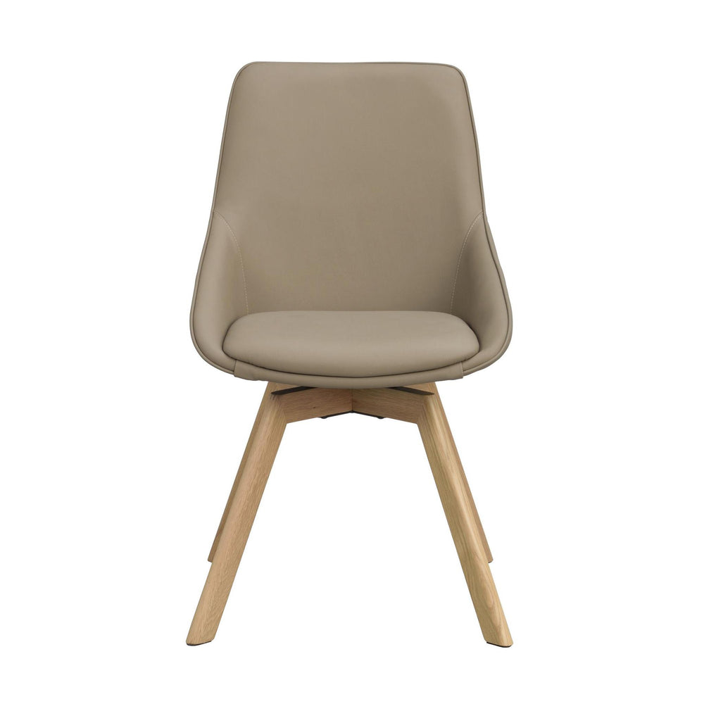 Modern matstol med beige klädsel och träben i ljus ek, skandinavisk design