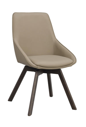 Beige matstol med svarta träben och skålformad rygg i konstläder