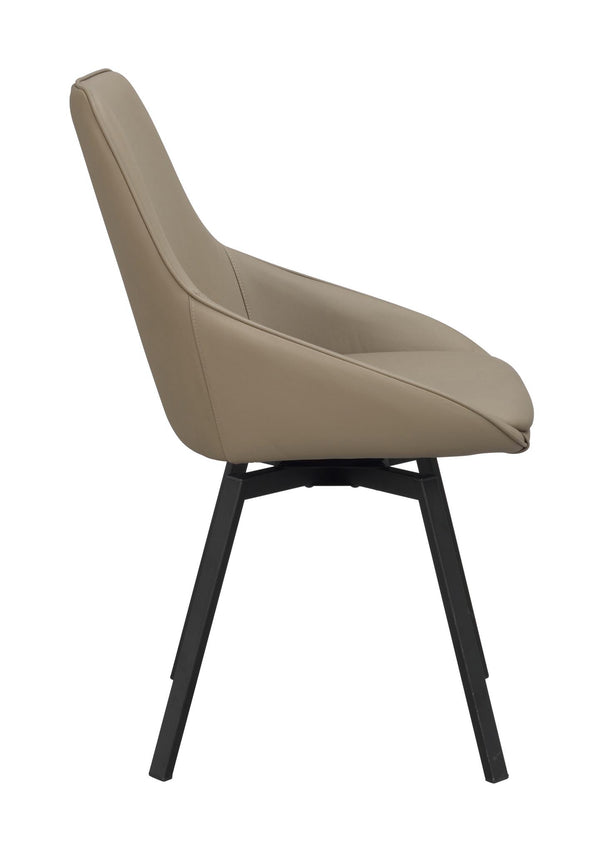 Beige designstol med hög rygg och svarta träben, sidovy som visar stolens ergonomiska form