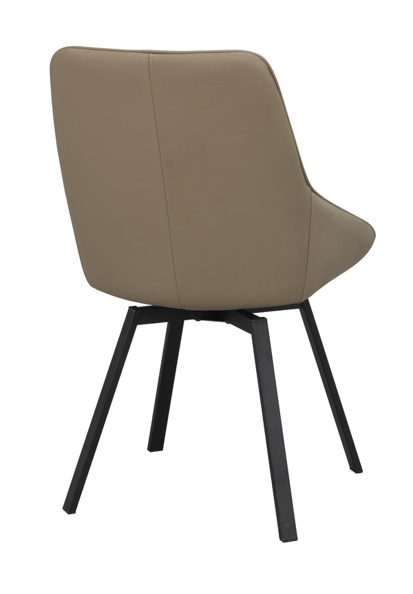 Beige stoppad stol med svarta träben, sedd bakifrån med synlig mittssöm och modern design